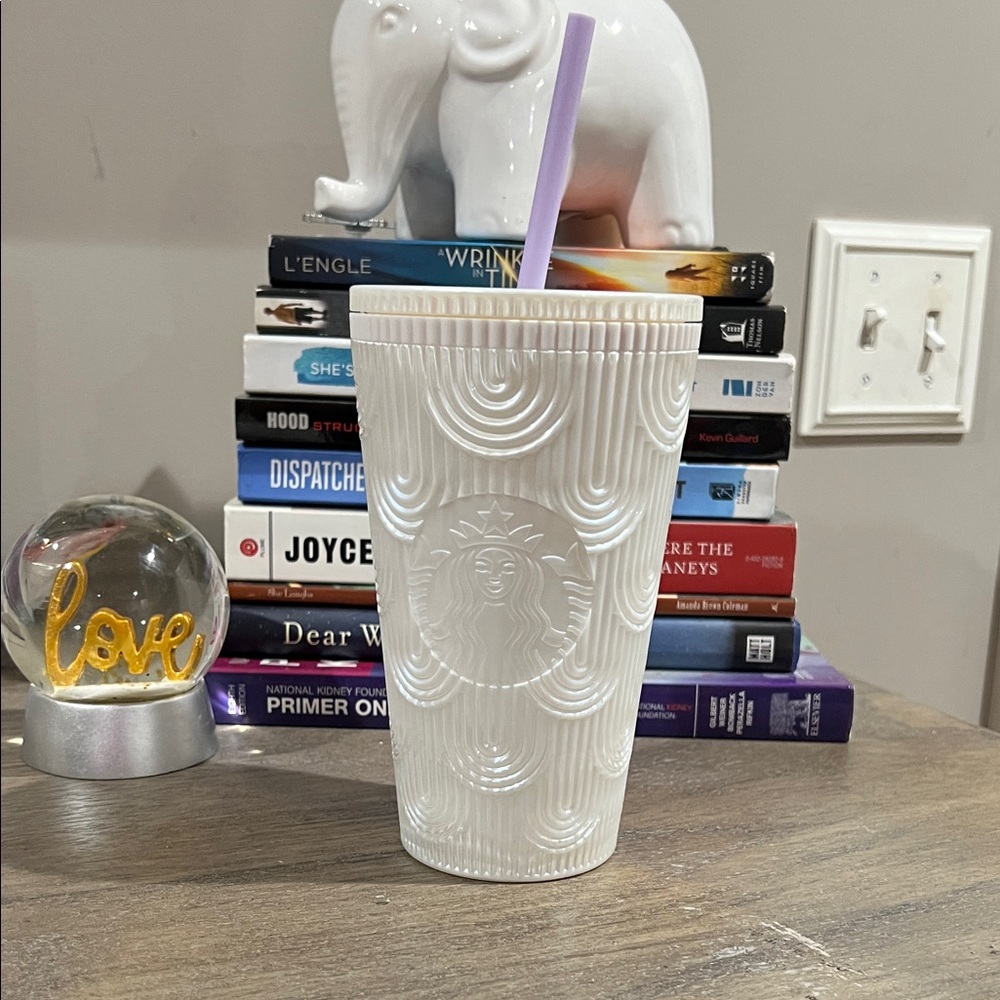 Starbucks White Textured Tumbler with Purple Straw